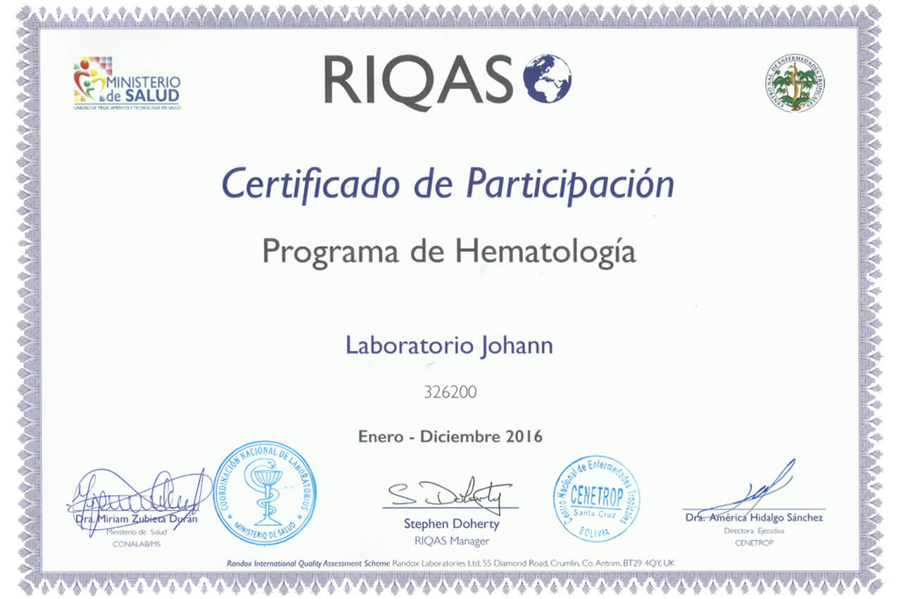 Certificado de Hematología Laboratorio Johann