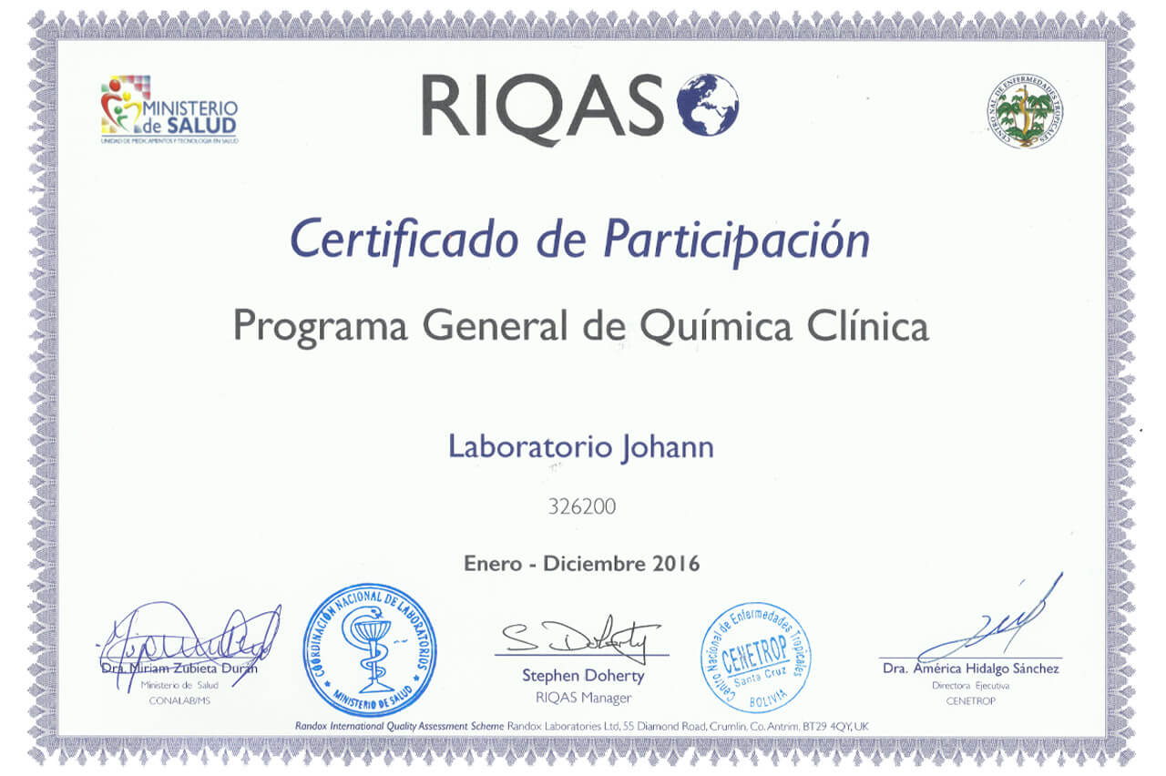 Certificado de Programa General de Química Clínica para Laboratorio Johann RIQAS